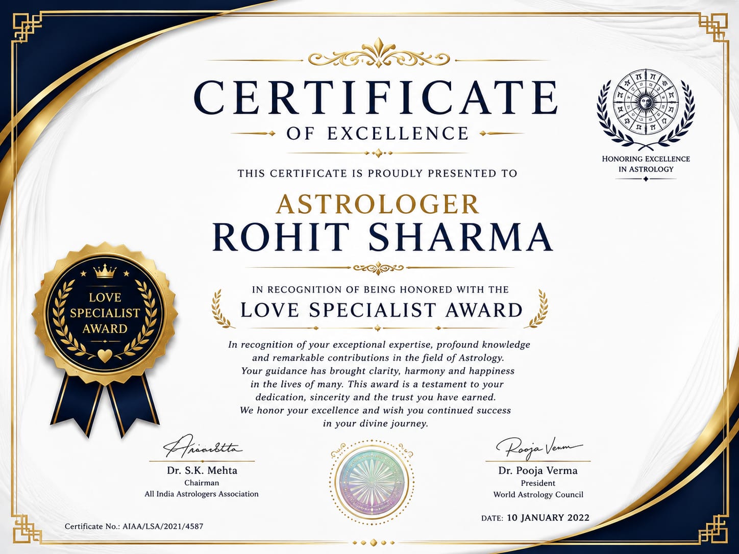Best Astrologer Award certificate of excellence