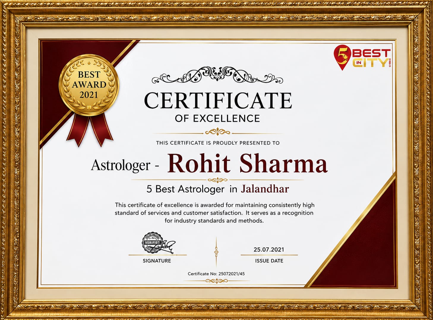 5 Best Astrologer in Jalandhar certificate
